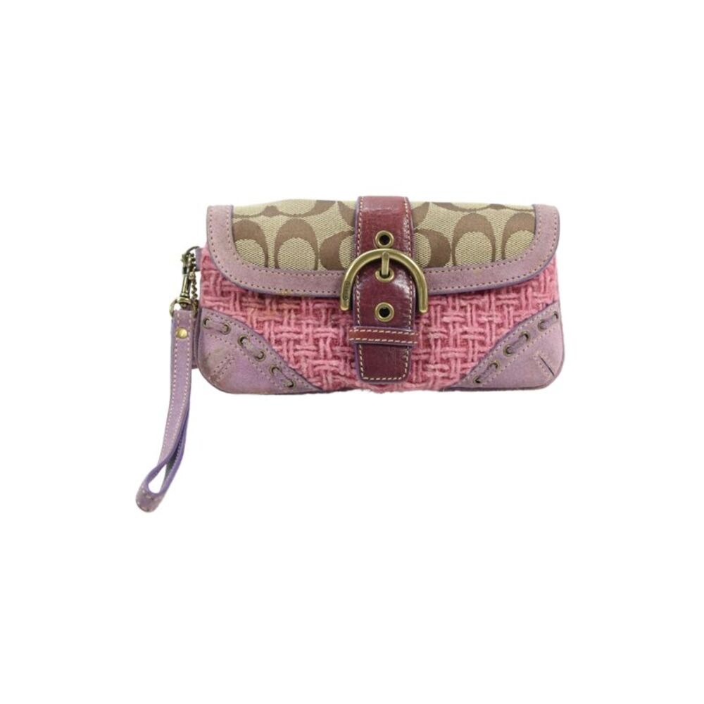 Coach Womens Leather Canvas Monogram Buckle Wristlet Multicolor Size S